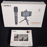 Box packaging of Comica CVM-WS50(H) wireless microphone and BoomX-D PRO wireless microphone system showing product images and branding.