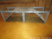 Top view of double-sided wire mesh live animal trap showing the handle and one entrance door.