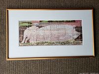 Front view of framed watercolor painting showing pig behind chicken wire