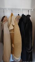 Five ladies coats hanging on a rack, showing different colors and fur/Sherpa details