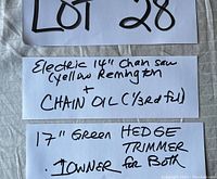Photo of handwritten notes describing the 14-inch yellow Remington chainsaw with chain oil and 17-inch green hedge trimmer with one owner for both items.