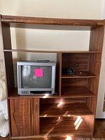 Entertainment cabinet with oak finish, multiple shelves, a closed cabinet door at bottom left, and a compartment holding an RCA CRT TV with remote on top.