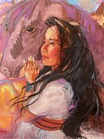Close-up of woman and horse detail from the painting showing vibrant colors and brushwork.