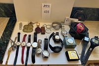 Overall view of lot showing watches, keychains, clocks, pocketknife