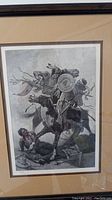 Remington black-and-white print depicting Native American on horse confronting man, signed and numbered