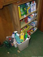 Overall view of shelf with multiple cleaning supplies bottles and containers, plus additional bottles in bin and floor around shelf.
