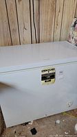 White chest freezer angled from the front left side showing overall exterior and brand.