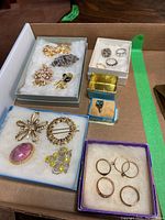 Overview photo of all brooches and rings laid out in boxes on a table, showing arrangement and quantity.