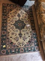 Top-down photo of large rectangular area rug showing full pattern and colors under natural light with visible tag in center.