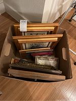 Boxed collection of multiple framed prints and at least one mirror with wood and gold frames