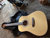 Full body of the BC acoustic guitar lying on black vinyl soft case on carpeted floor.