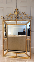 Full view of mirror showing rectangular frame, mirror panels, and decorative crest