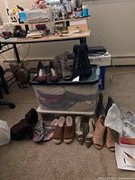 Wide view showing the assortment of women's dress shoes and boots arranged on the floor and plastic container.