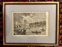 Full view of framed Harpers Weekly hand tinted print with mat and frame showing minor scratches.