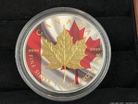 Close-up image of the 2014 Canadian $5 silver coin with 24K gold-finished maple leaf and Canadian flag background in protective capsule.