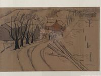 Overall view of framed watercolor showing landscape composition and frame
