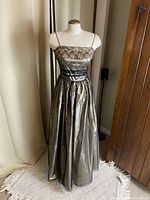 Full view of floor-length gold shimmer and black chiffon dress on mannequin.