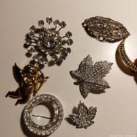 Photo showing six brooches: a rhinestone floral, cupid figure, circular rhinestone, two leaf-shaped rhinestone, and filigree design brooches.