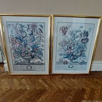 Two framed botanical prints side by side showing flower month reproductions with gold wooden frames on parquet floor.