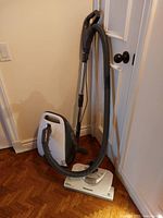 Full view of Panasonic vacuum cleaner with hose and floor head standing upright on wood floor.
