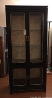 Full front view of tall black display cabinet with glass front doors and two glass shelves inside.