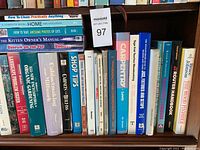 Shelf showing variety of DIY books covering carpentry, gardening, landscape, personal finance, pet care, and cleaning topics.