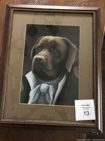 Framed portrait of chocolate labrador retriever wearing white neck scarf against dark background.