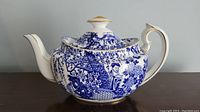 Side view of teapot showing overall shape, handle and spout with Blue Mikado decoration