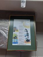 Framed watercolour artwork titled "The End of the Trail" with poem and illustrations.