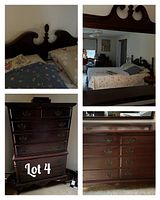 Collage image showing bed headboard, tall dresser, low dresser, and bed with bedding