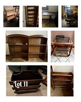 Various pieces of assorted furniture including wooden bookcases, shelving units, chairs, and tables all grouped together