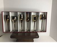 Full set of 6 different shaped wine glasses in original red box shown fully displayed.