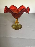Side view showing the hobnail textured amberina glass candy dish on a pedestal base with a sunburst pattern on the bottom.