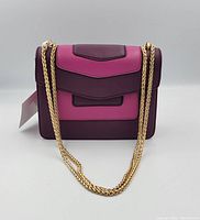 Front view of pink and purple vegan crossbody clutch with gold chain strap hanging in front.