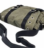Front view of khaki canvas mail bag showing silver rivet details, black webbed strap, and silver hardware