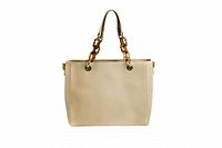 Front view of cream vegan PU tote handbag with tortoise colored link chain double shoulder straps and gold hardware.