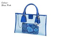 Clear blue vinyl rectangular tote handbag with blue faux leather trim, double blue patent PU handles, and removable blue rose patterned pouch with a clear lucite bow charm attached.
