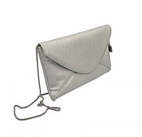 Front view of silver pearlized faux leather clutch with silver chain strap hanging down, showing the flap and texture of the material.
