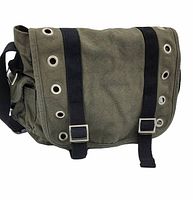 Front view of khaki canvas messenger bag showing flap closure with silver rivets and black straps.