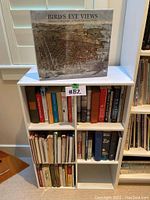Shelf unit with various books and the Bird's Eye Views book on top