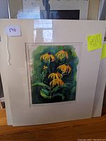 Full view of matted watercolor painting titled 'Gold and Green' featuring yellow flowers and green background.
