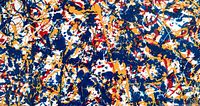 Close-up showing detailed abstract brush strokes and color splatters on canvas.