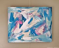 Front view of an abstract expressionist acrylic on canvas painting with multicolor brush strokes showing the entire artwork titled "Bolue 1".