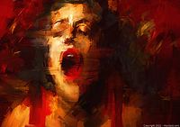 Close-up image of the abstract expressionist painting showing the vivid colors and brush strokes illustrating a face mid-expression, dominated by red and dark shades.