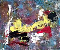 Close-up photo showing the abstract brush strokes and color details of the acrylic painting "OKONA" by RETNE.