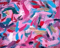 Close-up of abstract painting showing vibrant pink, blue, red, black, white, and tan brush strokes on canvas