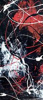 Close-up view of the abstract painting highlighting details of black, white, and red paint splashes and strokes.