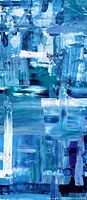 Close-up detailed photo showing the textured brush strokes and abstract style of the painting in blue, teal, and white shades.