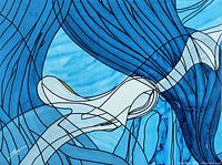 Close-up view of abstract flowing shapes in blue and white with black contour lines in the painting