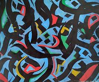 Close-up view of painting showing abstract black brush strokes with colorful accents on a blue background.